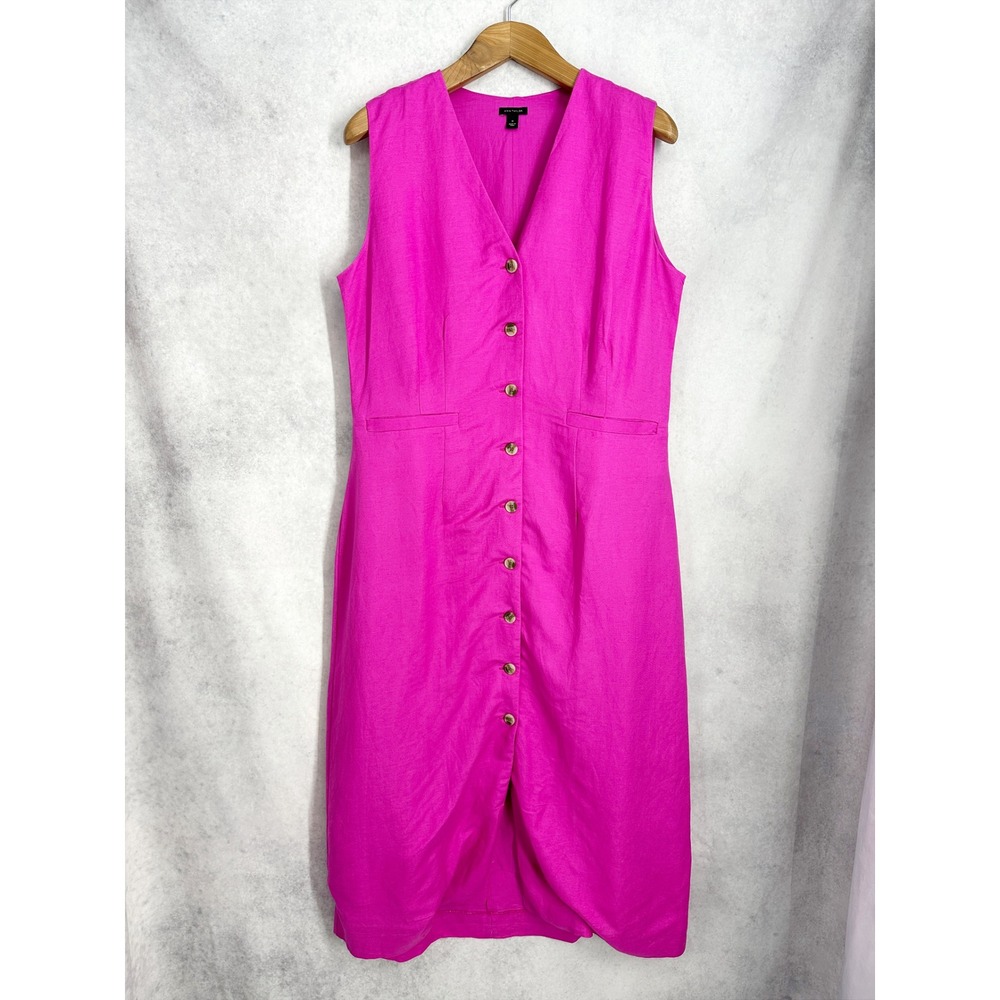 Ann Taylor Fuchsia Pink Linen Blend Button Front Sleeveless Midi Dress Size 14 - Picture 2 of 13